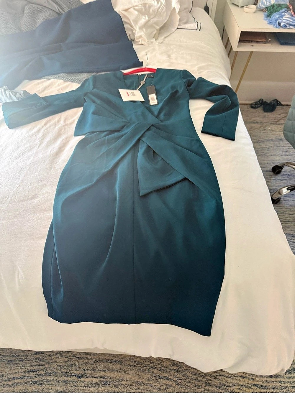 Badgley Mischka Asymmetrical Bow Waist Long Sleeve Dress Midi Dress teal Size 4